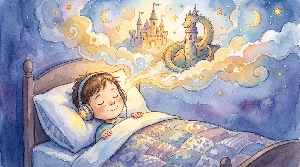 Niño escuchando un audiolibro personalizado de CuentosIA antes de dormir