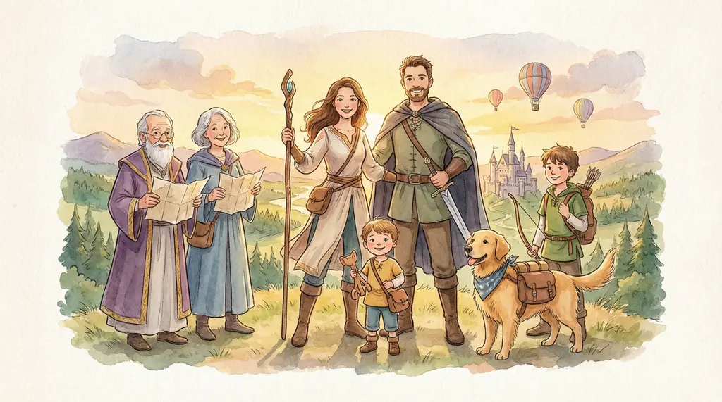 Familia completa como personajes de un cuento personalizado con mascotas