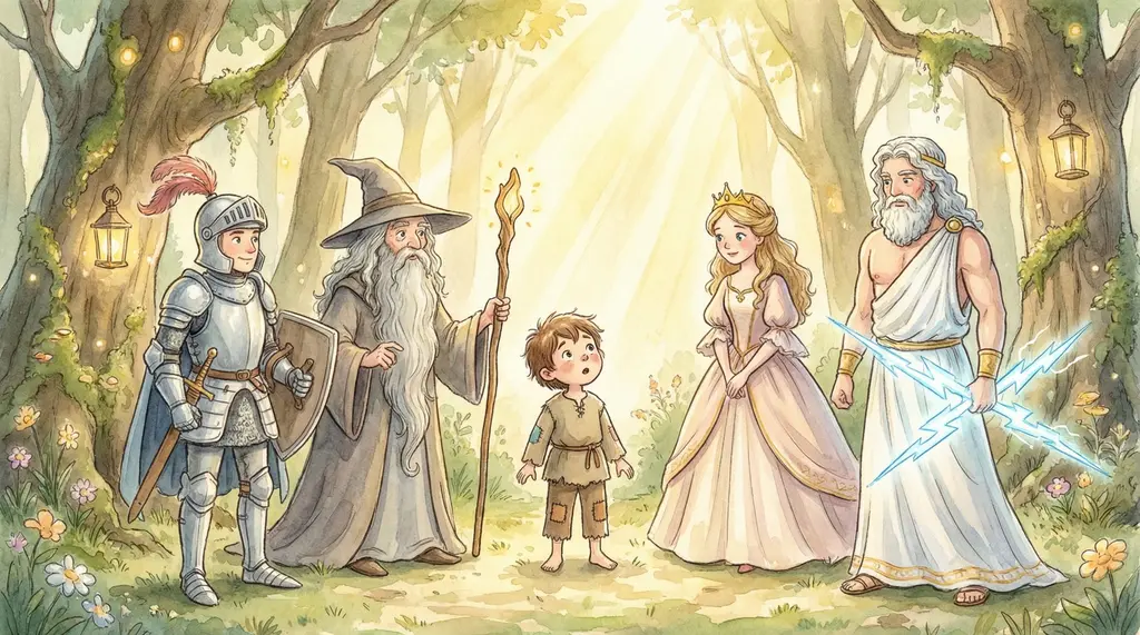 Personajes fantásticos clásicos para cuentos personalizados: Blancanieves, Zeus, Don Quijote y Merlín