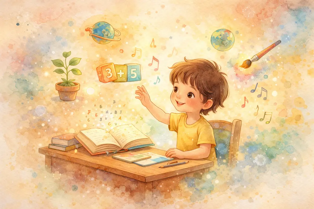 Niño rodeado de elementos de distintas asignaturas escolares en estilo acuarela: números, plantas, globo terráqueo y notas musicales