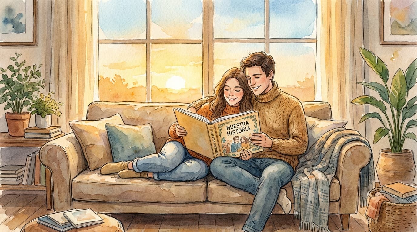 Pareja leyendo un cuento personalizado ilustrado con estilo acuarela
