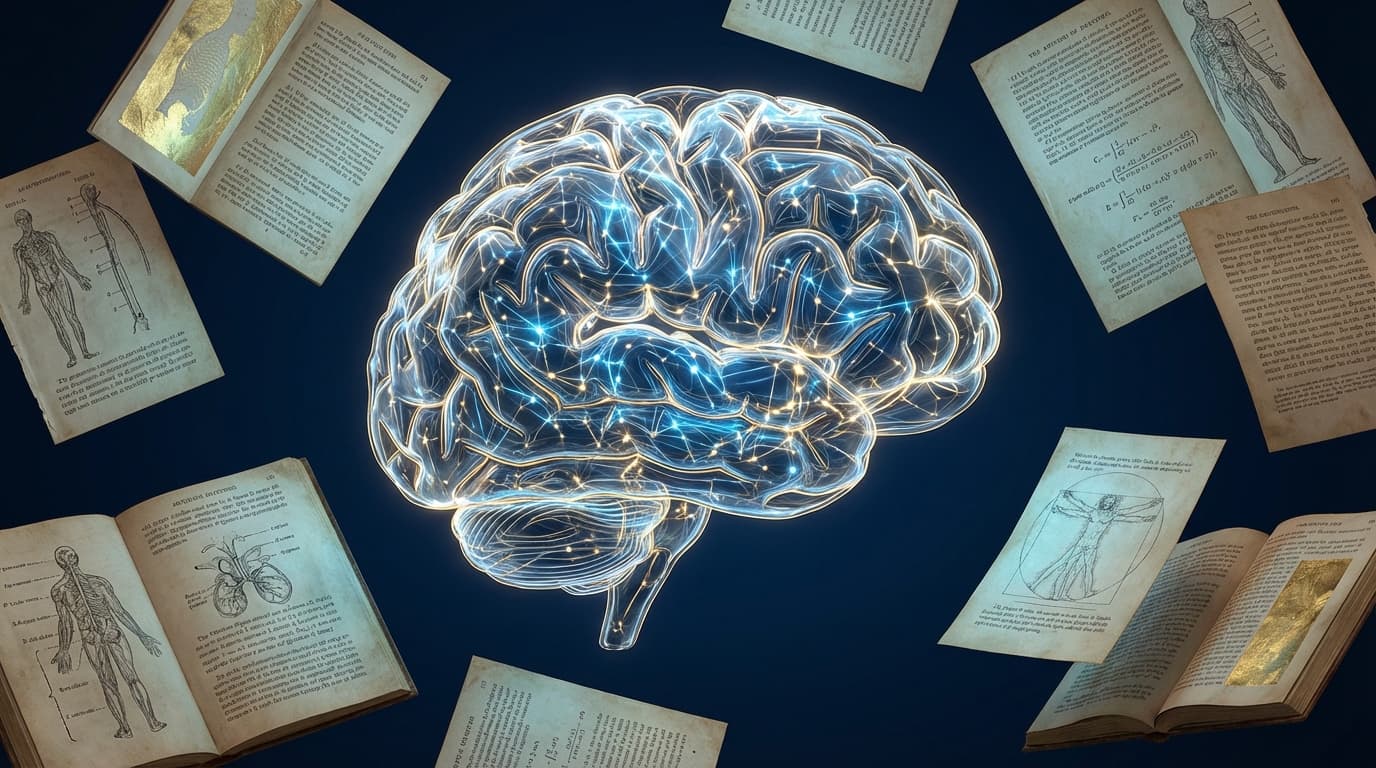 Cerebro con conexiones neuronales iluminadas mientras lee ficción, estilo ilustración científica elegante