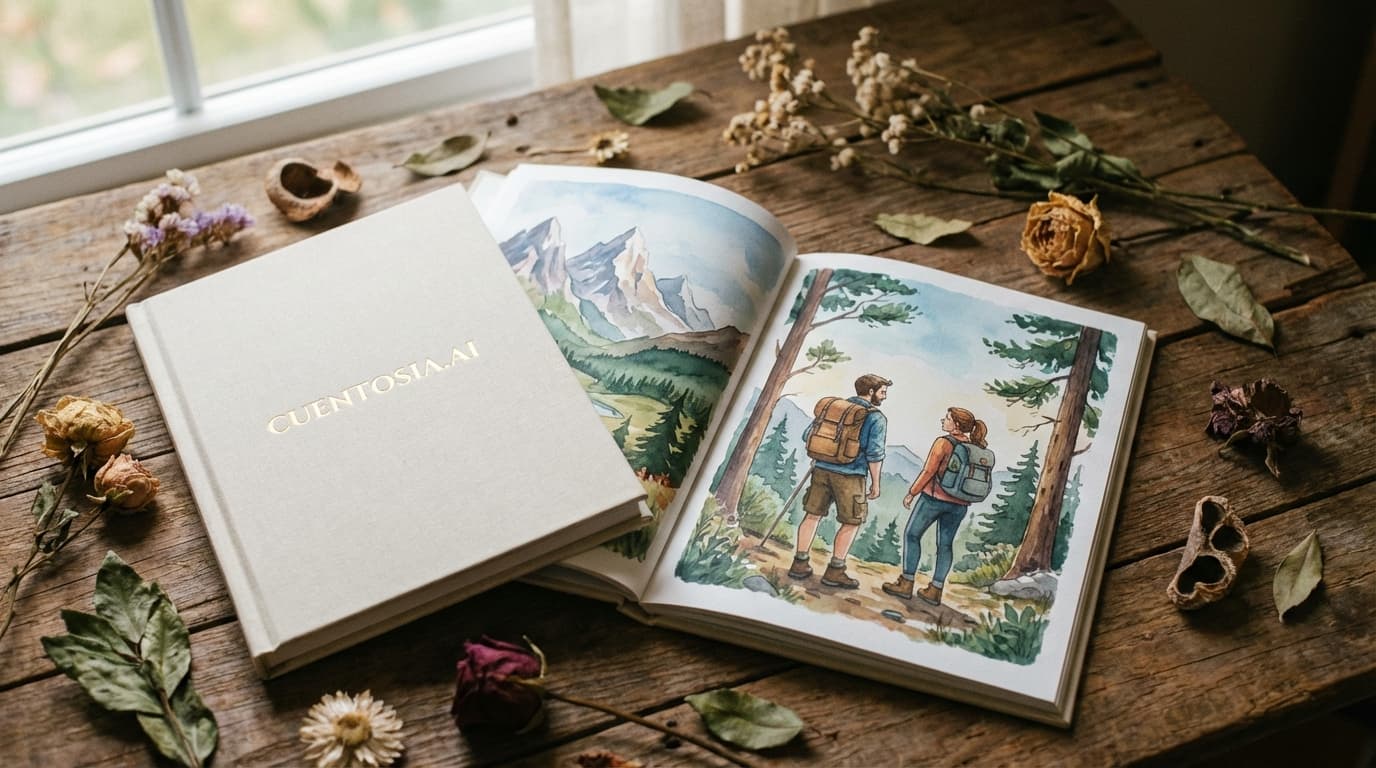 Libro personalizado abierto mostrando ilustraciones artísticas de una pareja en aventura, estilo acuarela cálida