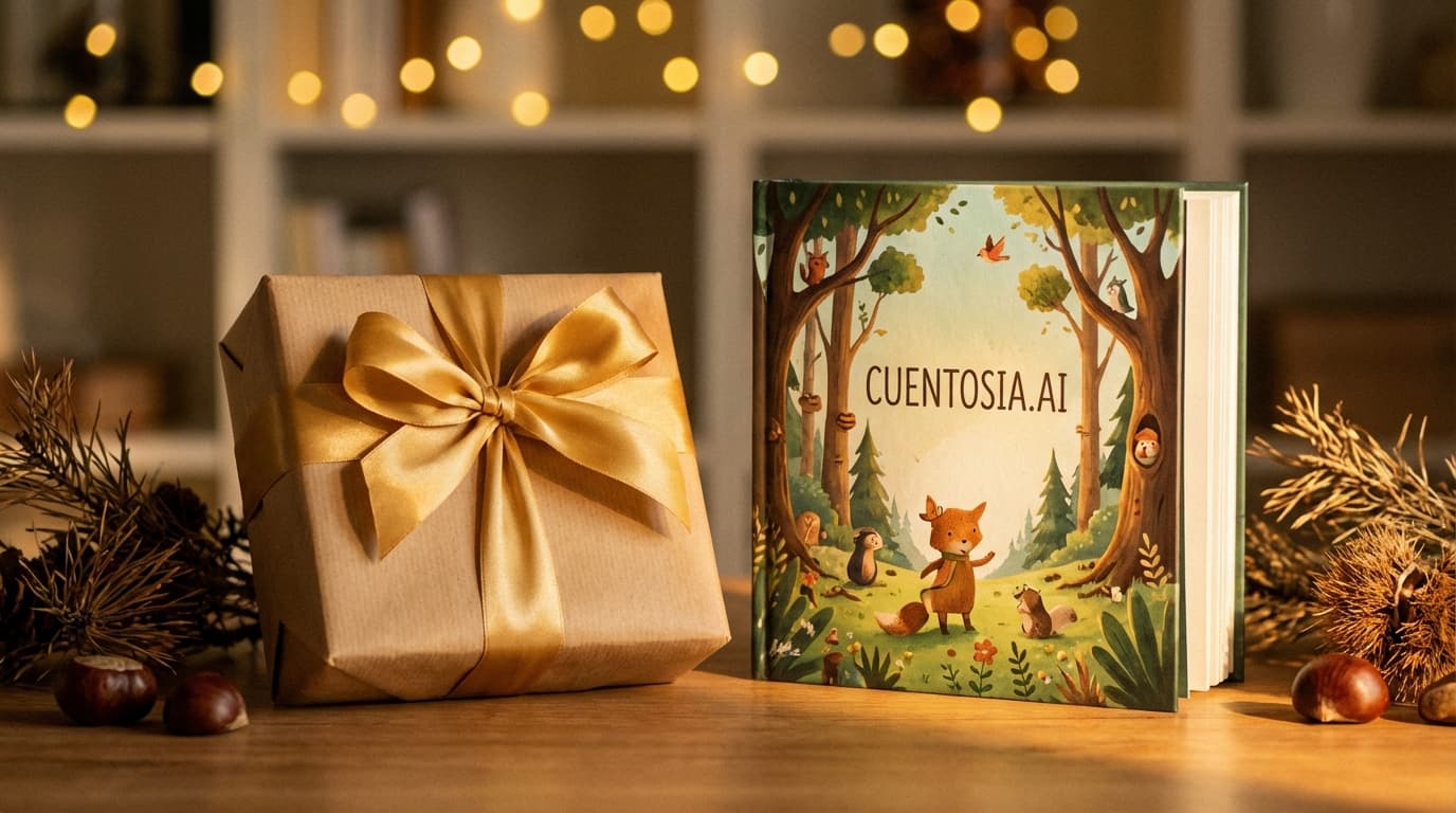 Regalo envuelto con lazo junto a un libro personalizado ilustrado abierto, iluminación cálida, estilo fotográfico editorial