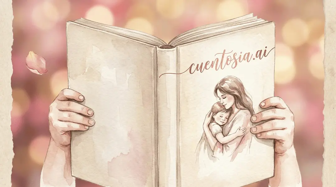 Manos de niño sosteniendo cuento personalizado CuentosIA para mamá — regalo Día de la Madre