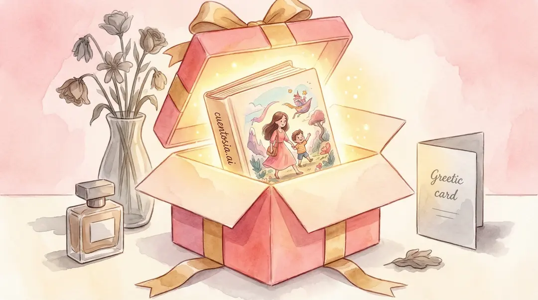 Cuento personalizado CuentosIA brillando junto a regalos típicos — el mejor regalo para mamá