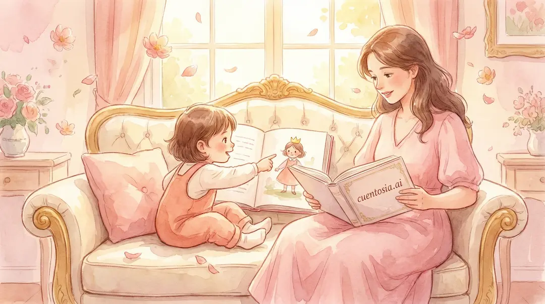 Madre e hijo leyendo un cuento personalizado de CuentosIA en el sofá — regalo Día de la Madre