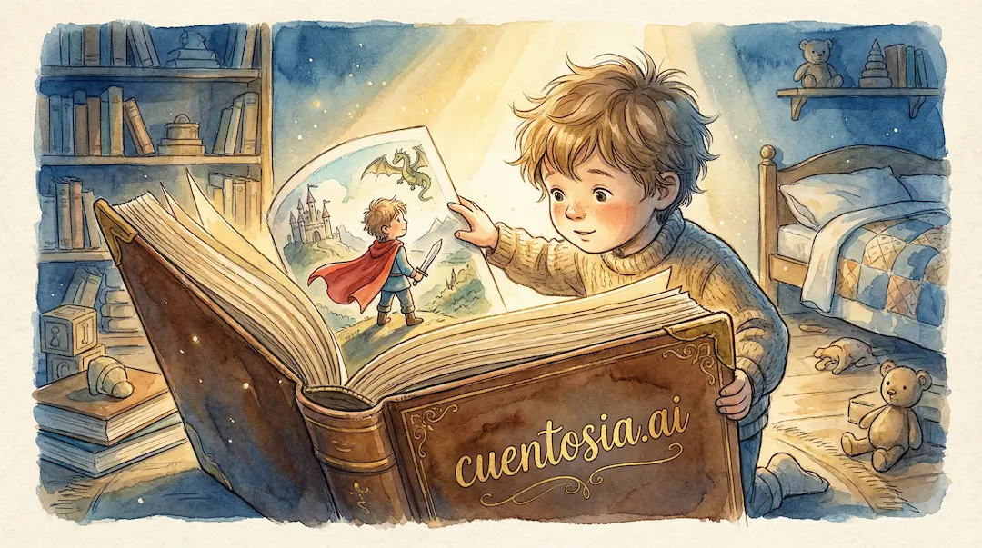 Niño viéndose a sí mismo como protagonista dentro de un cuento personalizado CuentosIA