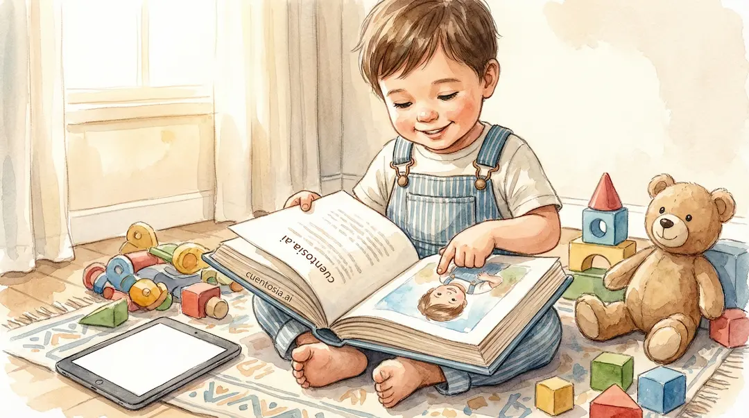 Niño absorto leyendo cuento personalizado CuentosIA mientras ignora juguetes y tablet