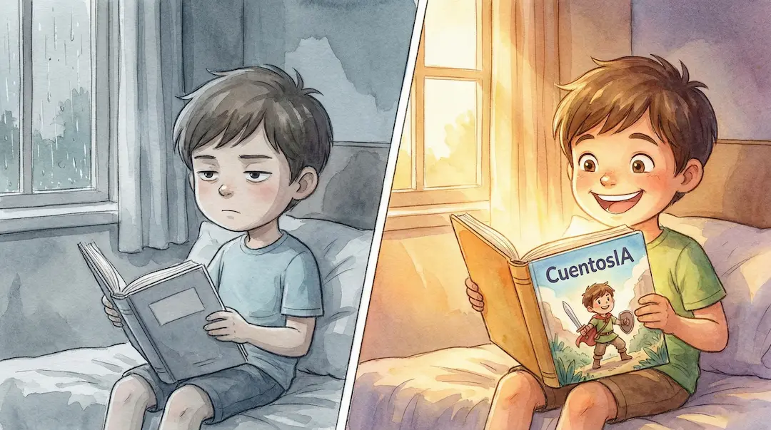 Comparativa visual: niño aburrido con cuento genérico vs niño emocionado con cuento personalizado CuentosIA
