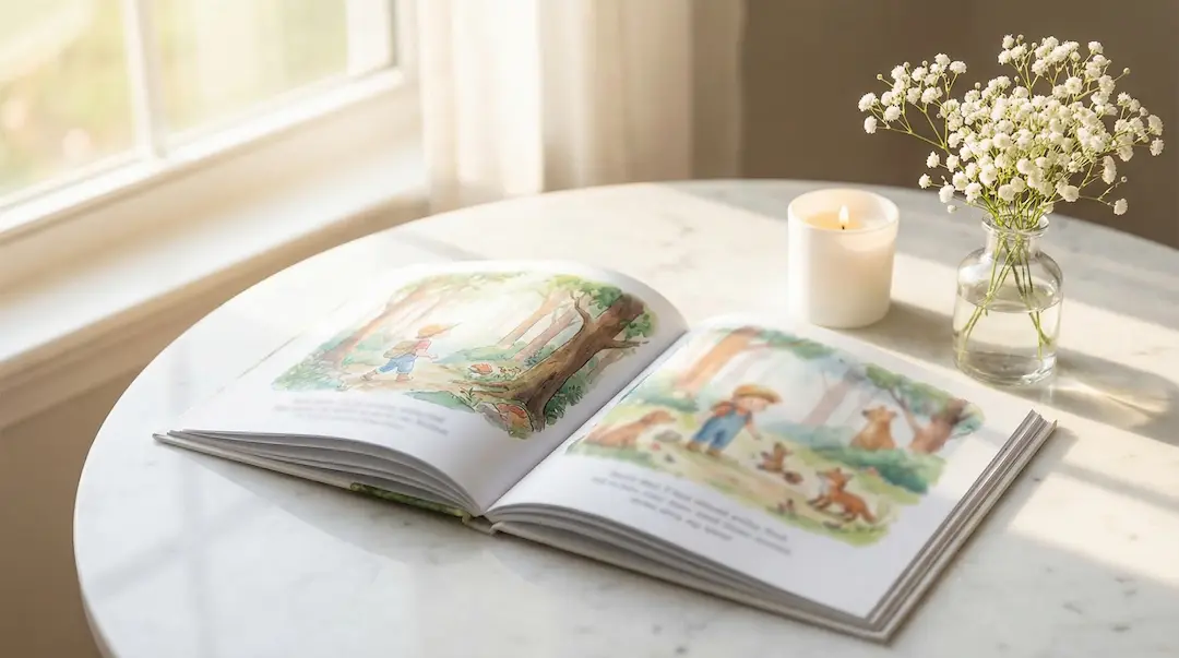 Libro de cuento personalizado impreso sobre una mesa junto a detalles de Primera Comunión — recordatorio de comunión original