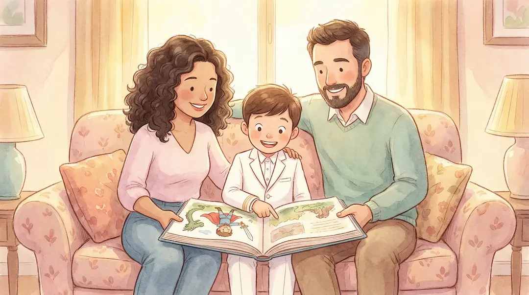 Familia leyendo junta un cuento personalizado ilustrado en el sofá después de la comunión — recuerdo emotivo