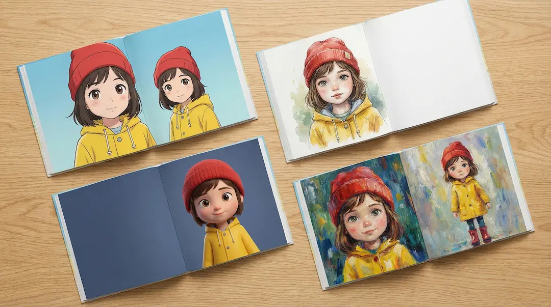 Cuatro libros de cuentos personalizados con distintos estilos de ilustración sobre una mesa de madera — estilos para comunión