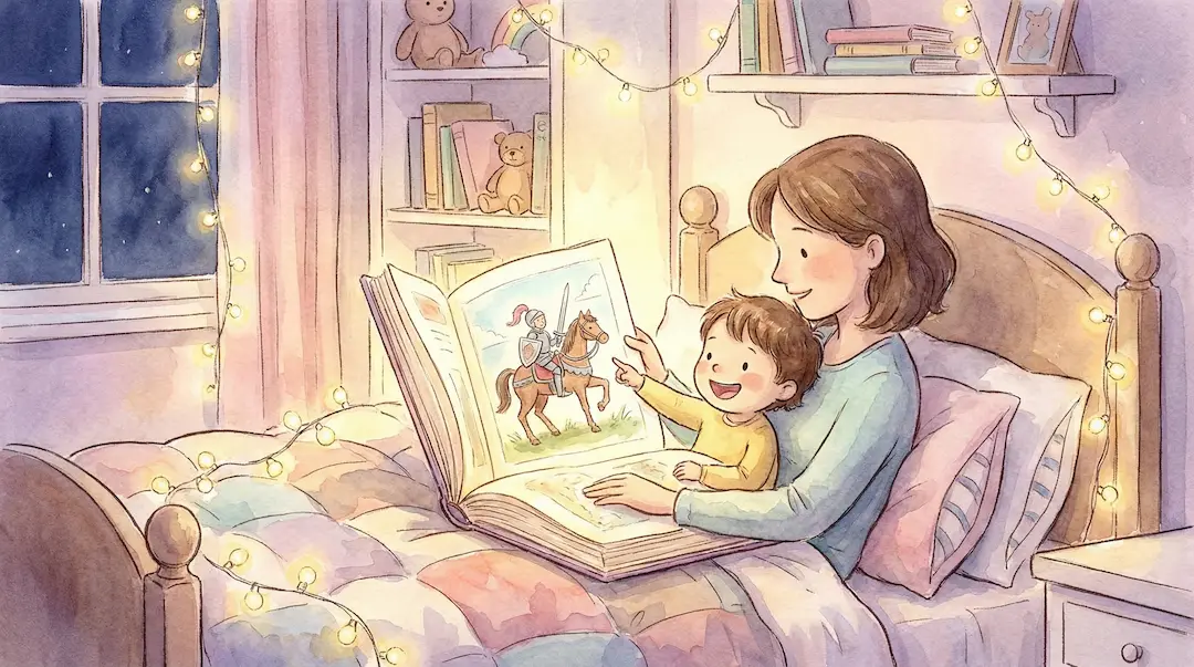 Madre e hijo leyendo un cuento personalizado antes de dormir — regalo de cumpleaños que se relee