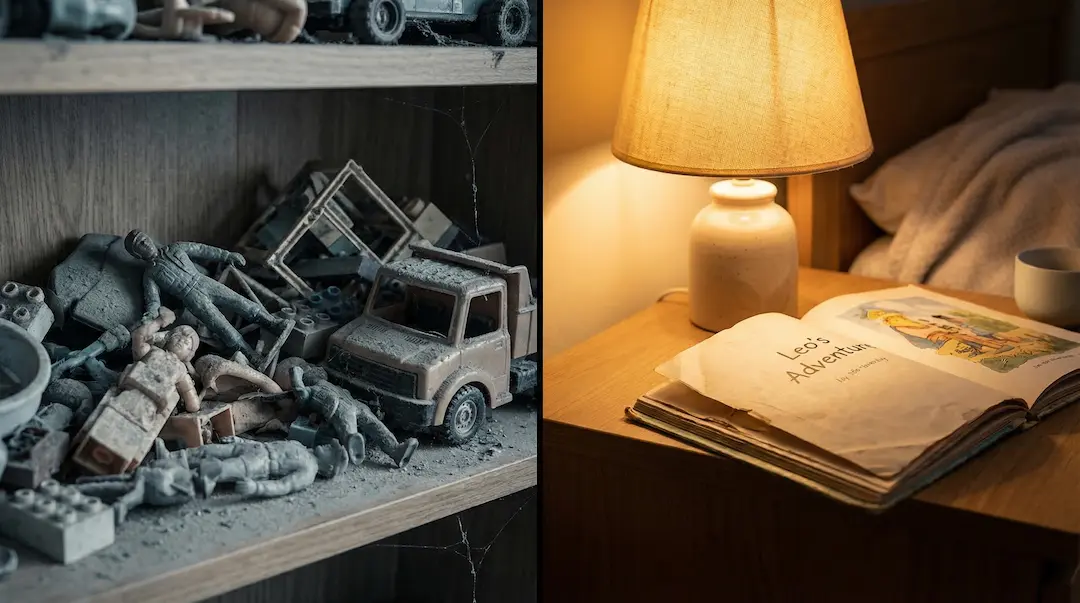 Comparativa visual: juguetes olvidados en un estante versus un cuento personalizado cuidado en la mesita de noche