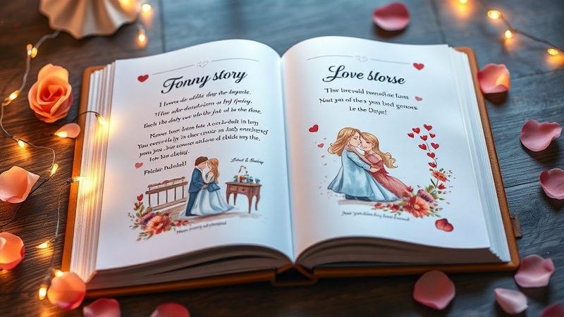 Libro de cuentos ilustrado abierto con la historia de una pareja
