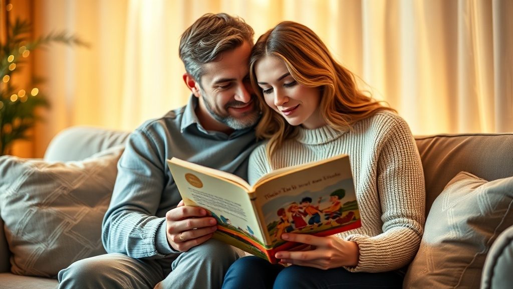 Pareja leyendo juntos un cuento ilustrado de su historia de amor