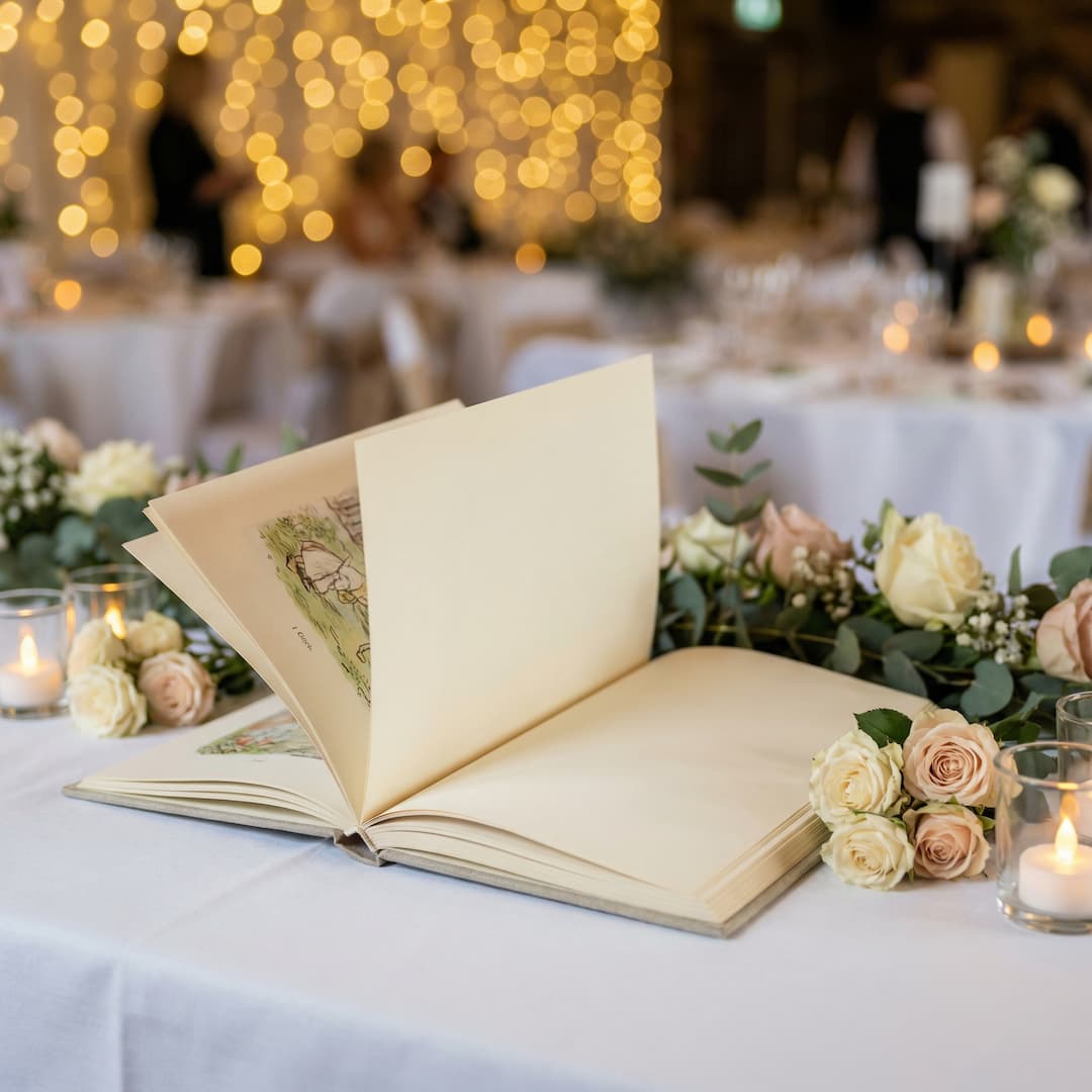 Cuento personalizado como detalle de boda sobre mesa elegante con flores y velas — detalle de boda original