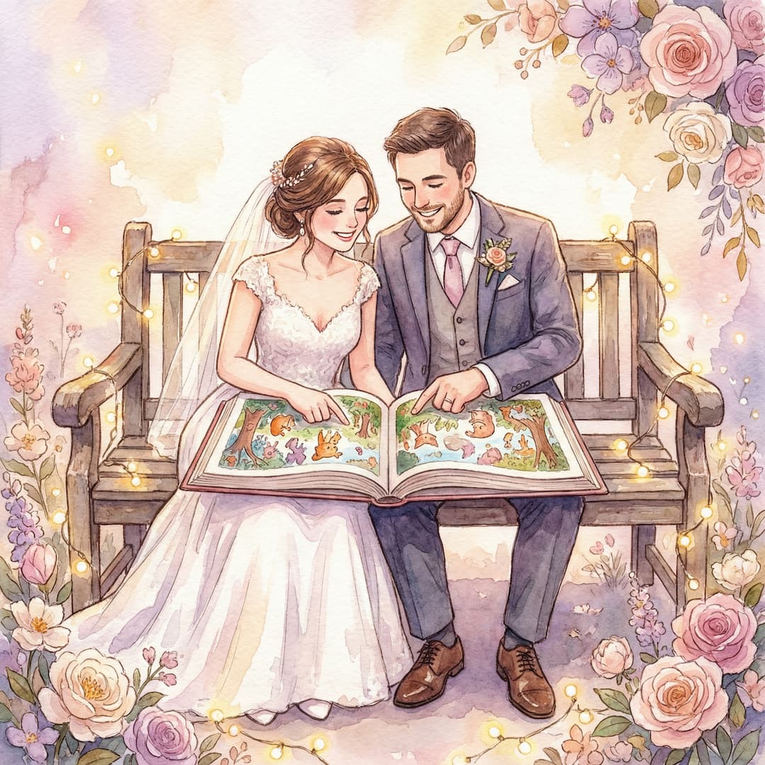 Pareja de novios leyendo juntos un cuento personalizado ilustrado — detalle de boda emotivo y original