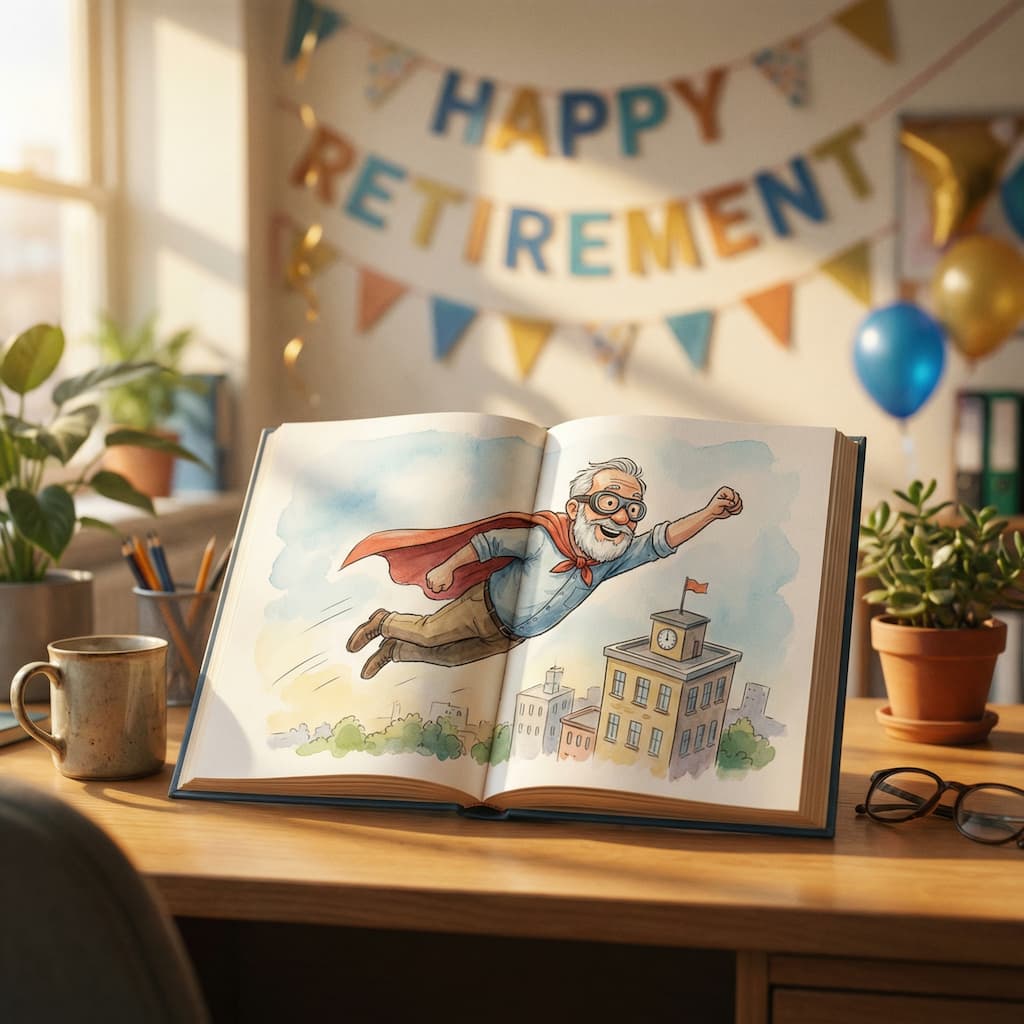 Cuento personalizado de jubilación abierto sobre un escritorio mostrando ilustraciones del jubilado como superhéroe — regalo jubilación original