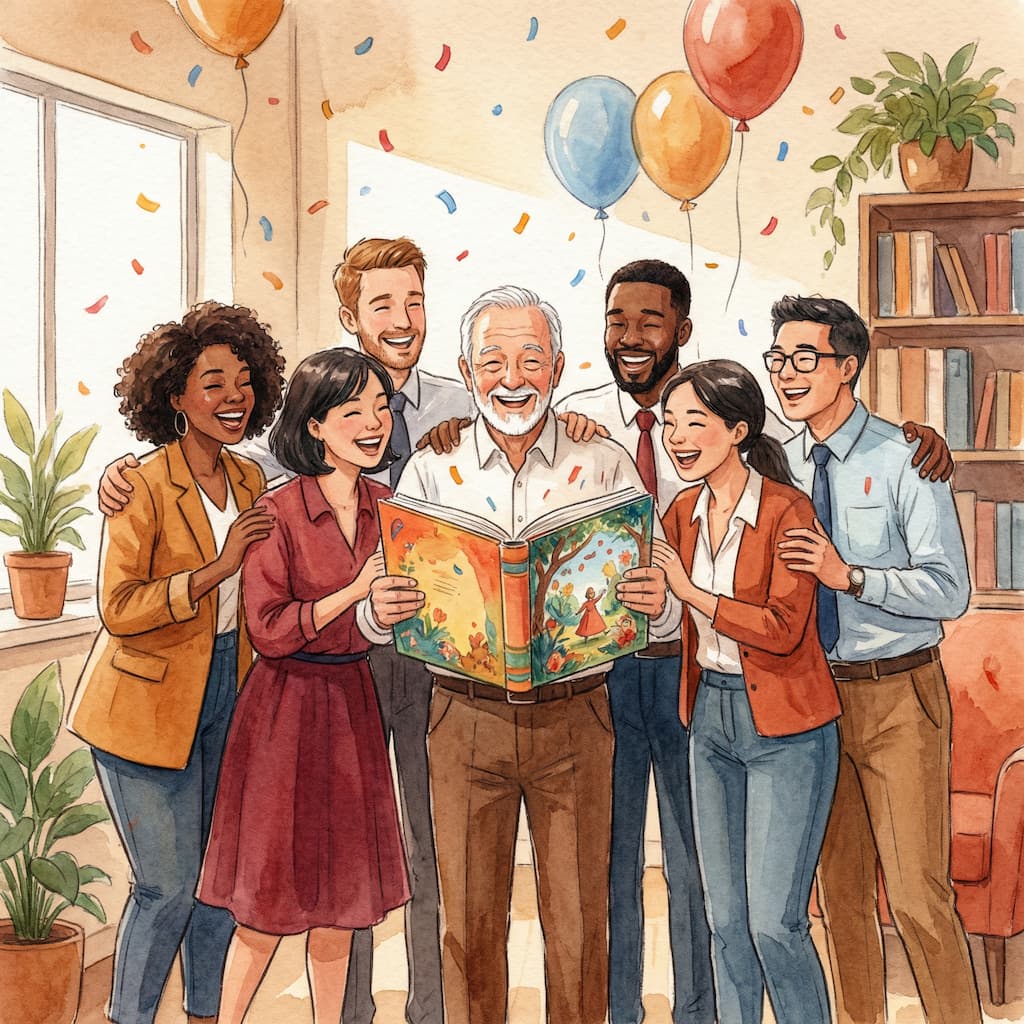 Compañeros de oficina regalando un cuento personalizado ilustrado a un jubilado emocionado — fiesta de despedida