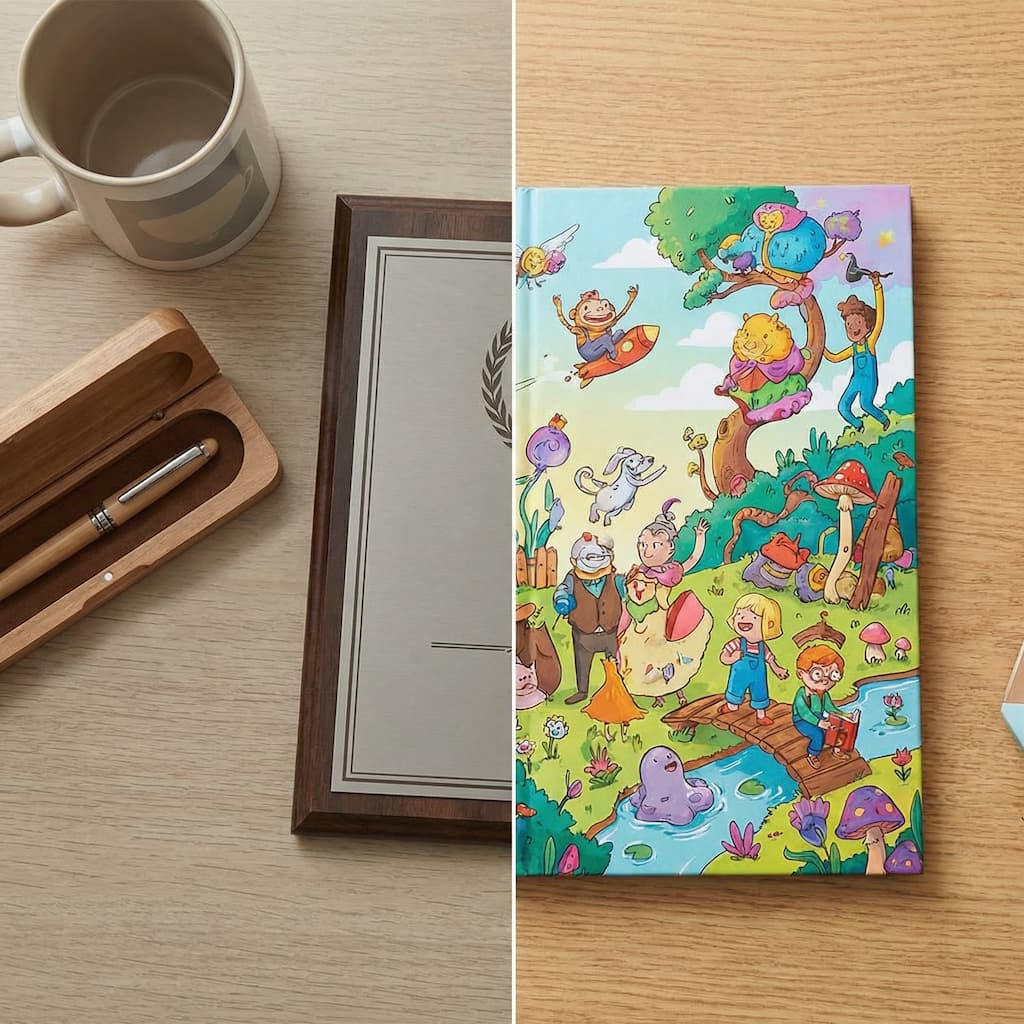 Comparativa visual: regalos de jubilación genéricos versus cuento personalizado ilustrado