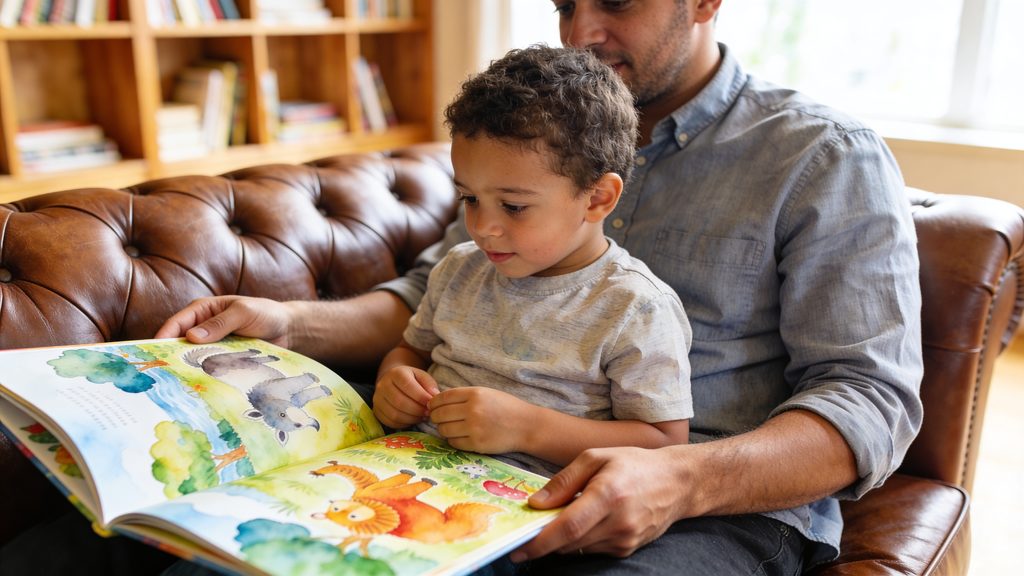 Persona leyendo un cuento personalizado en un sof&aacute; acogedor