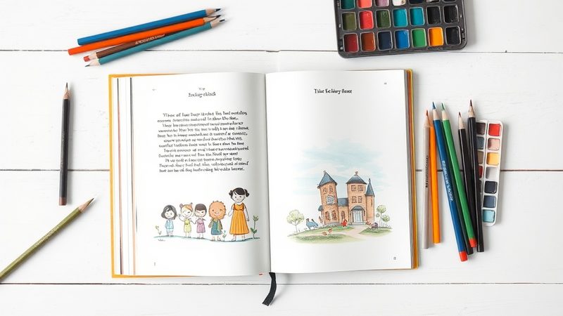 Libro de cuentos abierto con ilustraciones coloridas y materiales de arte alrededor