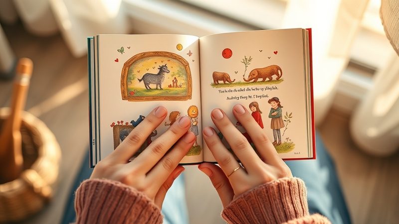 Manos sosteniendo un libro de cuentos ilustrado con luz c&aacute;lida