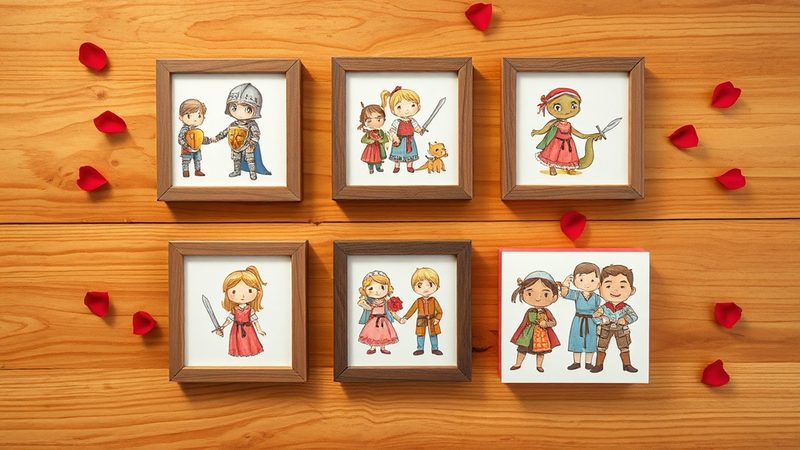 Collage de cinco versiones de la leyenda de Sant Jordi: caballero, guerrera, dragon amigable, pareja medieval y familia heroica