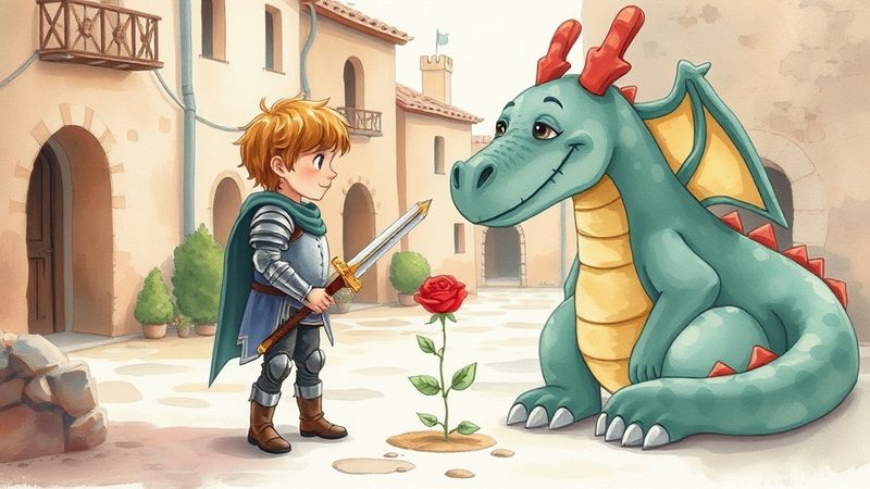 Ilustracion en acuarela de un nino vestido de Sant Jordi frente a un dragon amigable, con una rosa roja brotando del suelo