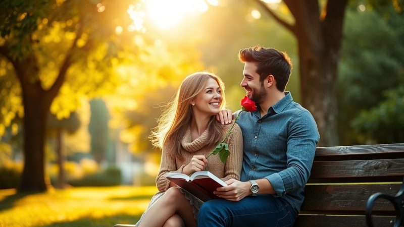 Pareja leyendo un cuento personalizado en un banco de un parque de Barcelona, con una rosa roja a su lado