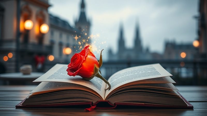 Libro de cuentos personalizado envuelto para regalo con una rosa roja magica emergiendo de sus paginas, con Barcelona de fondo