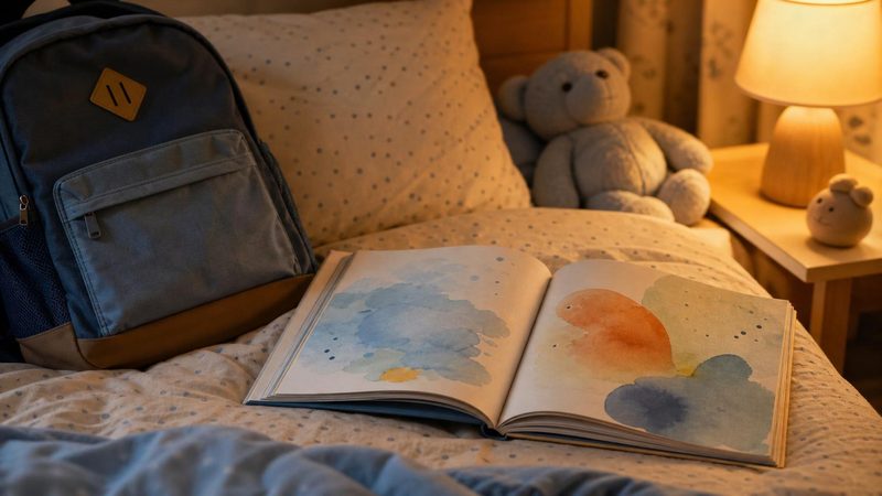 Libro ilustrado abierto sobre la cama junto a una mochila escolar preparada, con la l&aacute;mpara de la mesilla encendida