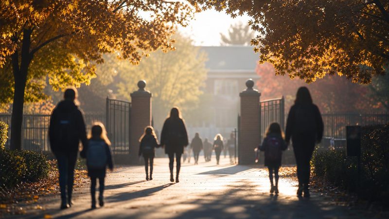 Entrada de un colegio a primera hora de la ma&ntilde;ana con siluetas desenfocadas de familias caminando hacia la entrada