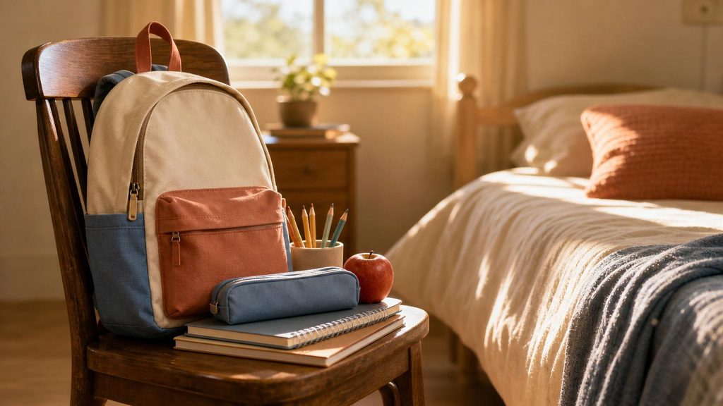 Mochila y material escolar preparados sobre una silla junto a la cama de un ni&ntilde;o la tarde antes de la vuelta al cole