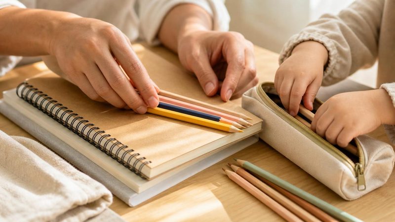 Manos de un adulto y de un ni&ntilde;o colocando juntos l&aacute;pices y cuadernos sobre una mesa antes de empezar el colegio