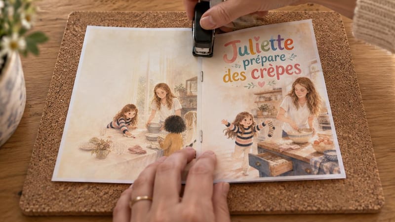 Mains agrafant dans le pli un livret fait maison, ouvert sur un liège, avec la couverture et la quatrième de couverture visibles