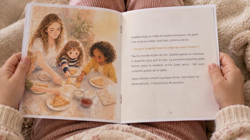 Mains d'enfant tenant le livret imprimé à la maison ouvert au milieu, avec les deux pages centrales côte à côte et les agrafes dans le pli