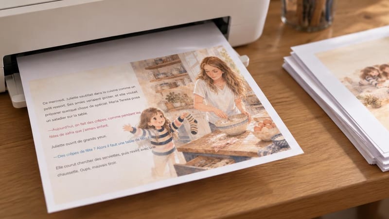 Feuille A4 tout juste imprimée sortant d'une imprimante domestique, avec la première double page de «&nbsp;Juliette prépare des crêpes&nbsp;»