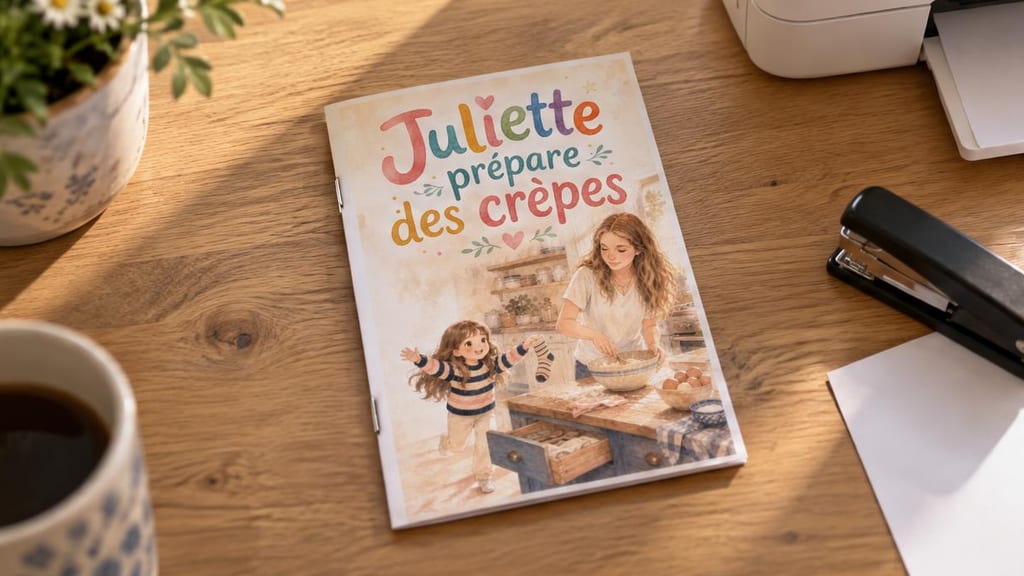 Livret de «&nbsp;Juliette prépare des crêpes&nbsp;» imprimé à la maison et agrafé au dos, sur une table en bois à côté d'une agrafeuse et d'une imprimante
