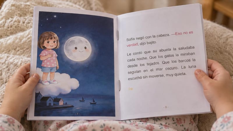Manos infantiles sosteniendo el librito abierto por el centro, con las páginas 7 y 8 juntas y dos grapas en el pliegue