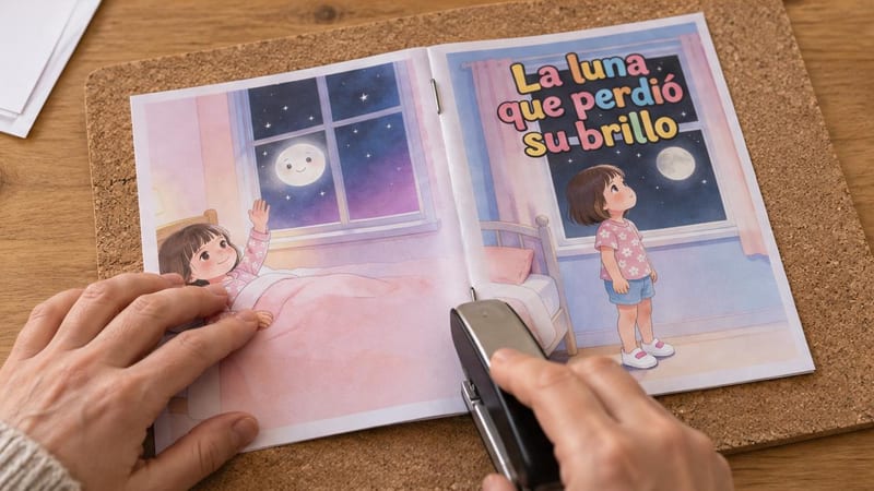 Manos grapando por el pliegue un librito casero abierto sobre un corcho, con la contraportada y la portada a la vista