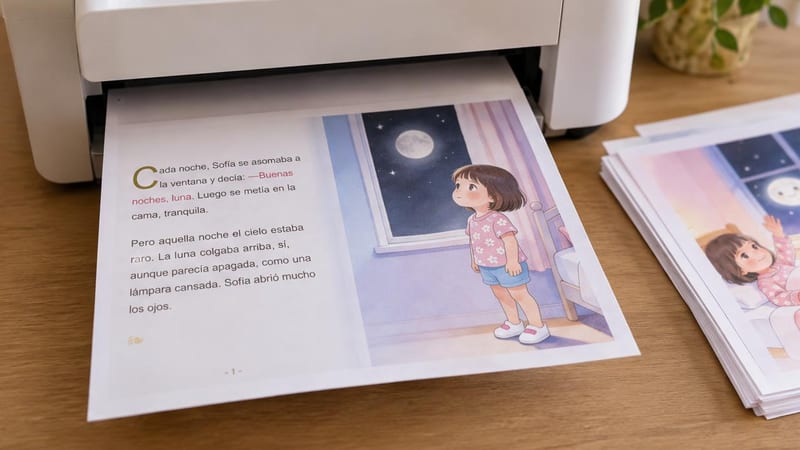 Hoja A4 recién impresa saliendo de una impresora doméstica, con la primera doble página de «La luna que perdió su brillo»