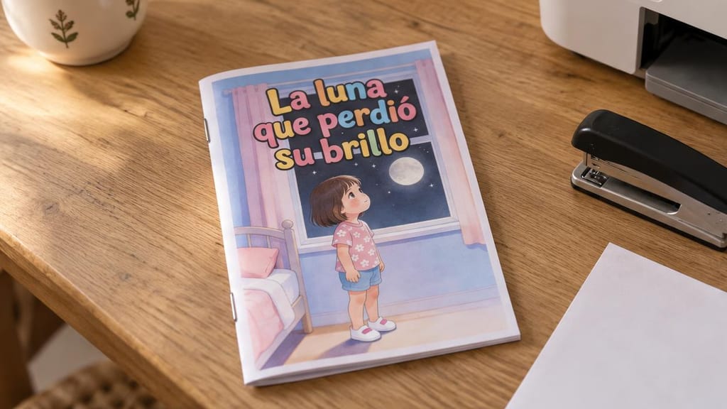 Librito de «La luna que perdió su brillo» impreso en casa y grapado por el lomo, sobre una mesa de madera junto a una grapadora y una impresora