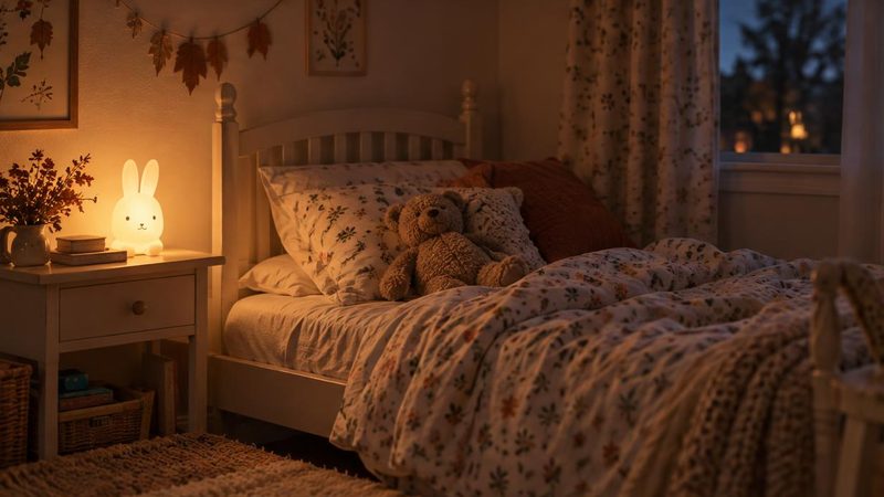 Habitaci&oacute;n infantil de noche con una lamparita encendida, la cama deshecha y un peluche sobre la almohada