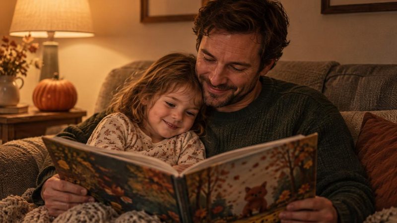 Padre e hija leen juntos un cuento ilustrado en el sof&aacute; con la luz de una l&aacute;mpara y una calabaza peque&ntilde;a al lado