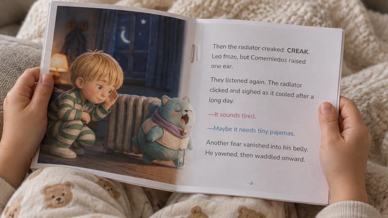 A child's hands holding the home-printed booklet open in the middle, with the two middle pages side by side and staples in the fold