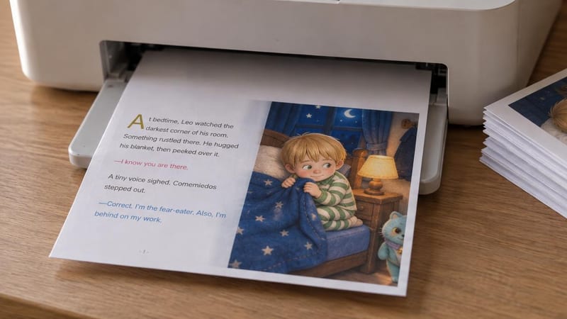Freshly printed sheet coming out of a home printer, with the first double page of “The Dark Is Just Shy”