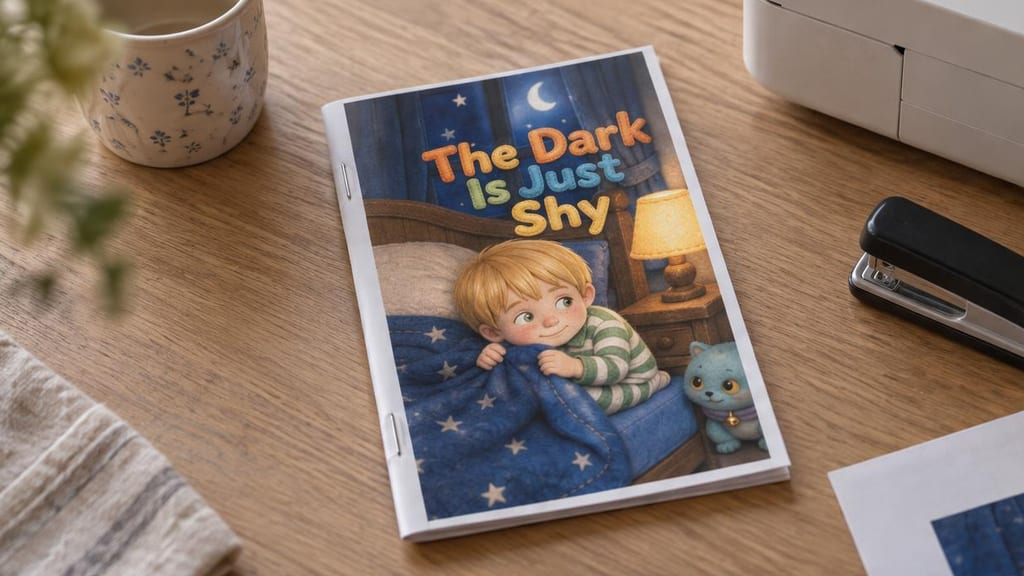 Home-printed booklet of “The Dark Is Just Shy”, stapled along the spine, on a wooden table next to a stapler and a printer